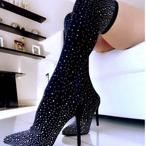 Black Rhinestone Knee-High Boots